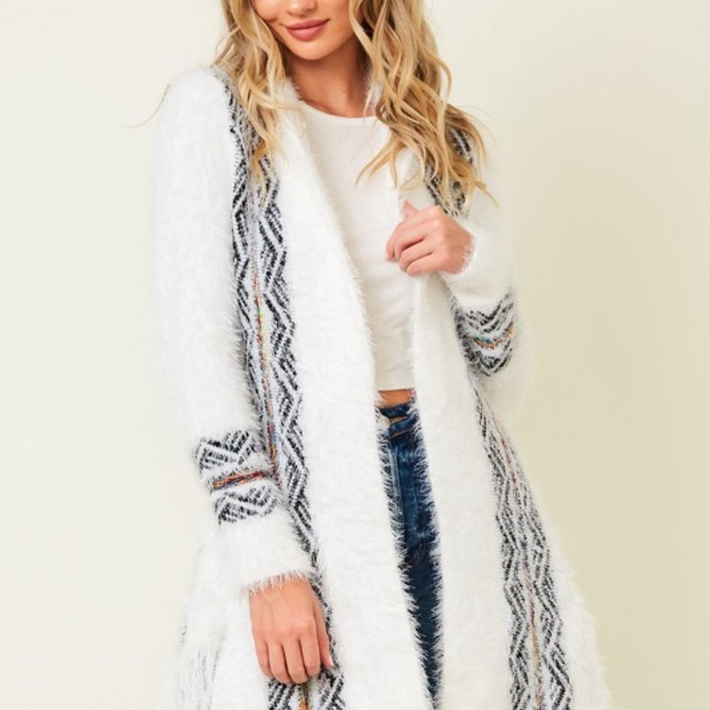 NEW ON BLUE AZTEC SOUTHWESTERN sweater drape cardigan fringe white soft Sm-3XL - Picture 3 of 9